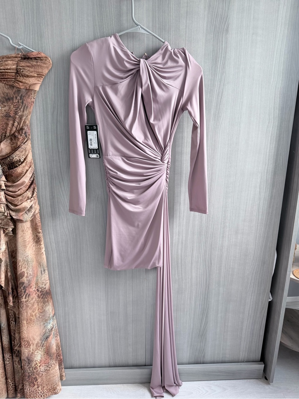Guess by Marciano Dusty Rose Long-Sleeve Ruched Mini Dress with Draped Sash
